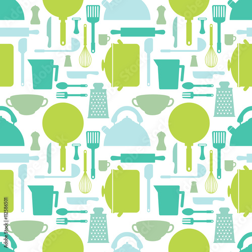 Seamless pattern with kitchen tools. Cook accessories in blue and green tones. Vector illustration.