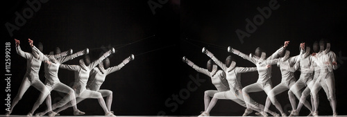 Duel fencers on a black background. collage of photos taken with stroboscope