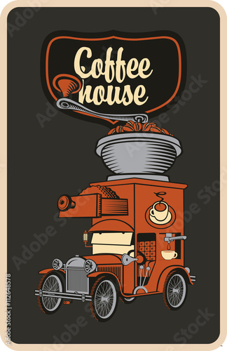 retro banner with car and coffee grinder on roof