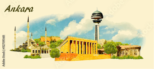 vector panoramic water color illustration of ANKARA city