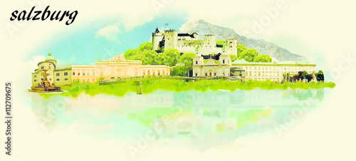 SALZBURG vector panoramic water color illustration