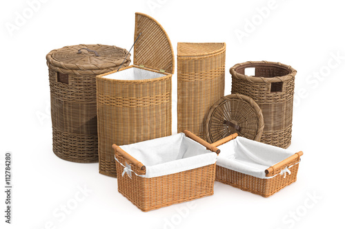 Set rattan basket on white background. 3D graphic