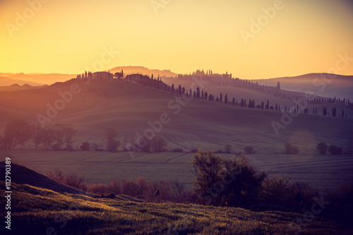 Countryside at sunrise in Crete Senesi near Siena, Tuscany, Italy