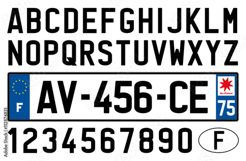 french car plate, symbols, letters and numbers