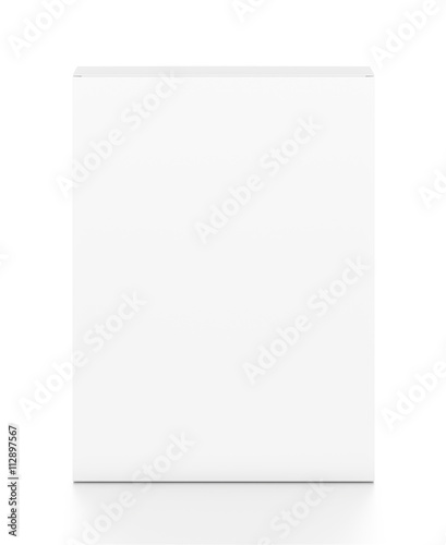 White thin vertical rectangle blank box from top front angle. 3D illustration isolated on white background.