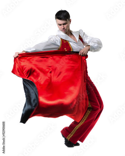 Dancing man wearing a toreador costume. Isolated on white in full length.