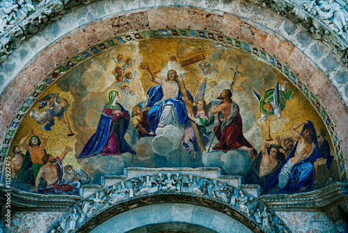Fresco on the exterior main entrance to the Basilica de San Marco in Venice Italy