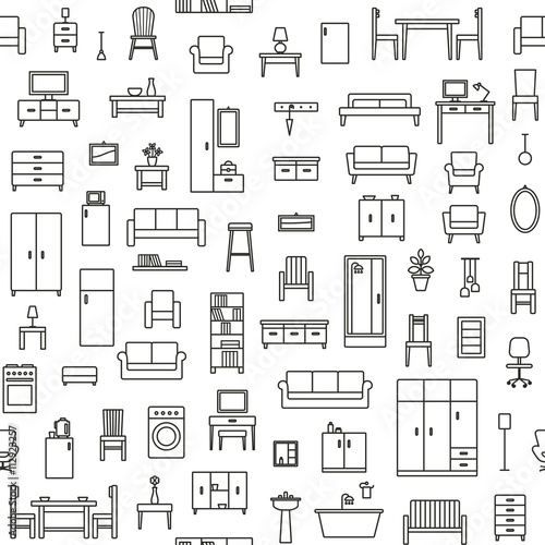 Vector seamless pattern background with home furniture outline icons 3