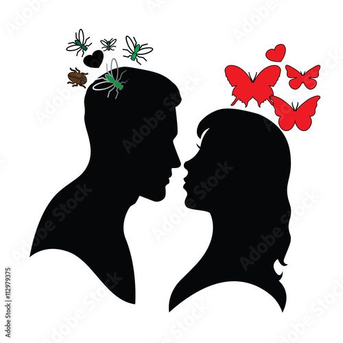 Psychology of relations. Silhouette of man and woman. Deception, duplicity and dirty thoughts.