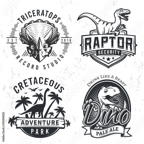 Set of Dino Logos. Raptor t-shirt illustration concept on grunge background. T-rex beer label design. Vintage Jurassic Period badge.