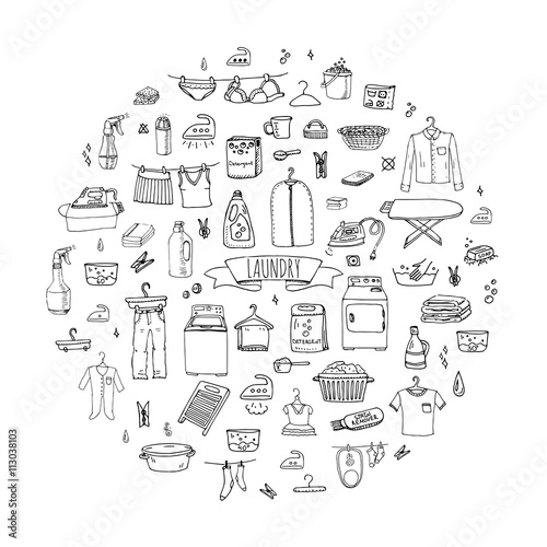 Hand drawn doodle Laundry set Vector illustration washing icons Laundry concept elements Cleaning business symbols collection Housework Equipment and facilities for washing, drying and ironing clothes