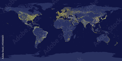Earth's city lights map with silhouettes of continents