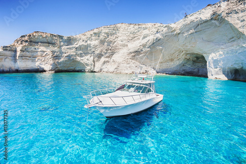 Sailboat in a beautiful bay, Milos island, Greece
