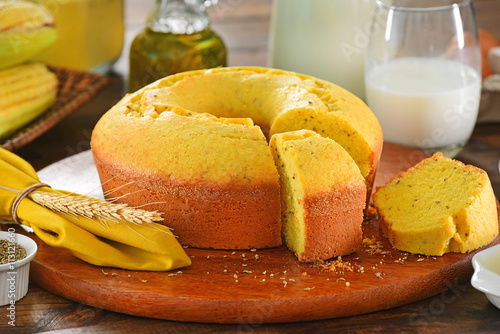 Corn cake on wooden board