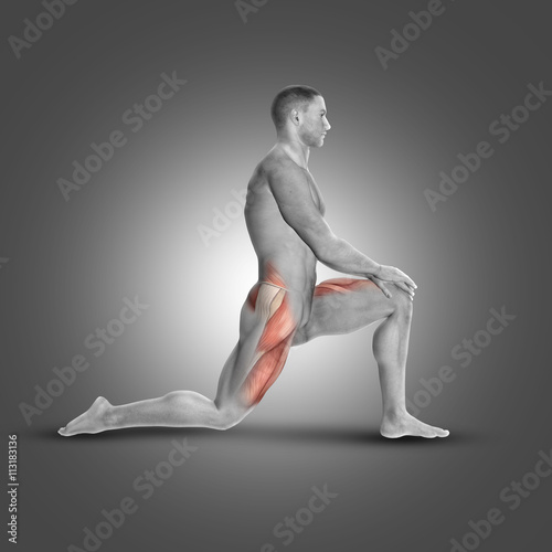 3D male figure in kneeling iliopsoas stretch