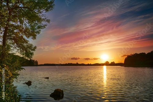 Sunset over Sunowo Lake. Masuria. Poland