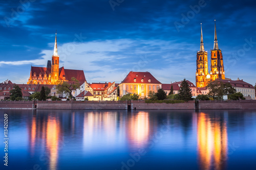 Landmark cathedral, Oder river. Wroclaw, Poland, at night. Skyline