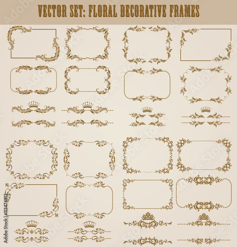 Vector set of decorative hand drawn border, divider, frame with floral elements for design of invitation, greeting, wedding, gift card, certificate, diploma, voucher. Page decoration in vintage style