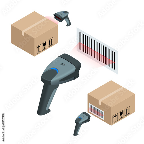 The manual scanner of bar codes. Flat 3d vector isometric illustration.