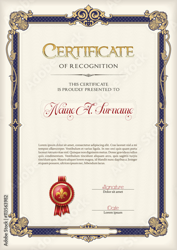 Certificate of Recognition Vintage Frame. Portrait.