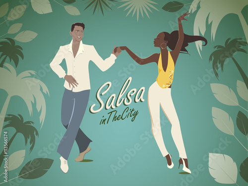 Salsa in the City Tropical. Handsome man and beautiful girl dancing latin music