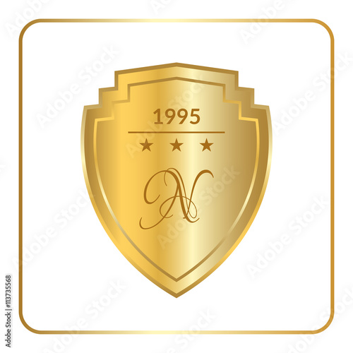 Gold shield emblem icon. Golden sign silhouette, isolated on white background. Symbol of trophy, heraldic award, royal security, protect. Heraldic label. Logo design decoration. Vector illustration
