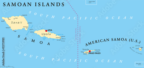 Samoan Islands political map with Samoa, formerly known as Western Samoa and American Samoa and their capitals Apia and Pago Pago. English labeling and scaling. Illustration.