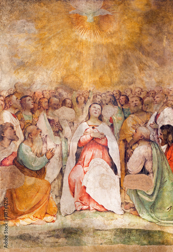 BRESCIA, ITALY - MAY 22, 2016: The fresco of Pentecost in church Chiesa di San Francesco d'Assisi by Girolamo Romani - Romanino (1484 - 1559).