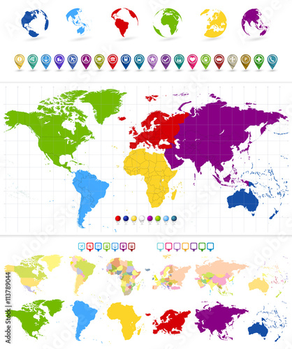 World Map and colorful continents with large navigation icon set