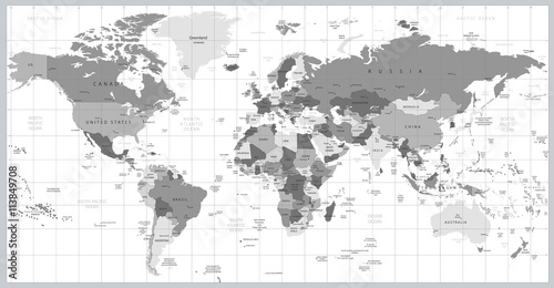 Grayscale World map detailed vector illustration