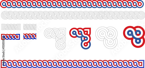 Historic croatian traditional national interlace or wattle style crosses, so called "Hrvatski pleter", in croatian national tricolor and monotone outlines