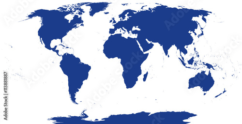 World map silhouette. The surface of the Earth. Detailed map of the world with shorelines under the Robinson projection. Blue illustration on white background.