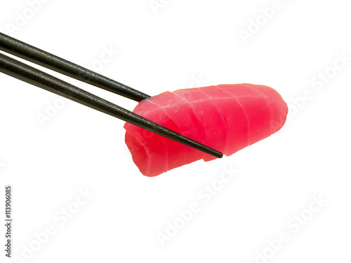 red tuna fish slice sashimi in chopsticks