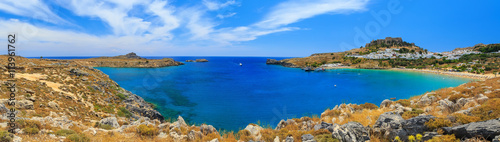 panorama St. Paul Bay near Lindos, Rhodes cluoads sunny day