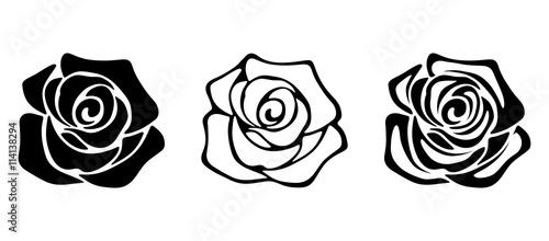 Set of three vector black silhouettes of rose flowers isolated on a white background.