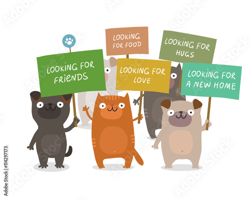 Dogs and cats manifesting and holding placards: Looking for a new home, friends, food, love, hugs. Animal rights protection concept. Vector colorful illustration isolated on white