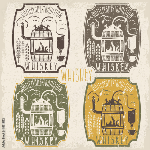 grunge vintage vector labels of whiskey with home alcohol machin