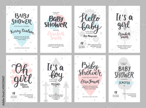 Baby shower girl and boy posters, vector templates. Baby shower pastel invitations with hearts, arrows, feathers and hand drawn text on white background