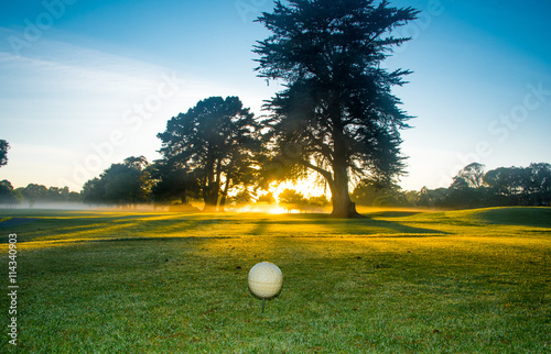 Golf course at dawn backlit by rising sun..