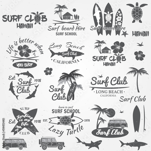 Set of retro vintage badges and labels. For web design, mobile and application interface, also useful for infographics. Surf club and surf school design. Vector illustration.
