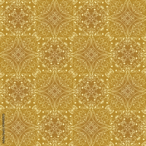 Low contrasting vintage ornament, light yellow drawing on golden background. Repeating filigree geometric patterns in victorian style