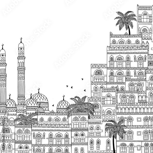 Hand drawn black and white illustration of Sana'a in Yemen, beautiful arabesque houses and mosque