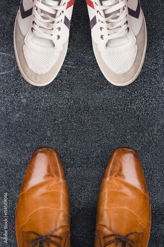Composite image of focus of brown dress shoes 