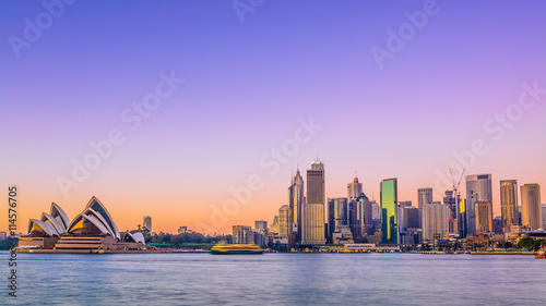 Sydney city skyline at sunrise with vivid coloured sky. 