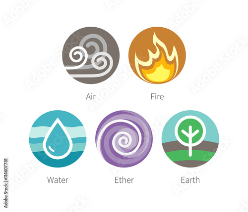 Ayurvedic elements water, fire, air, earth and ether icons isolated on white. Flat colorful vector ayurvedic icons. Elements symbols for ayurvedic infographic and alternative medicine poster.