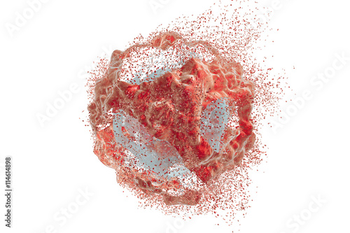 Destruction of a tumor cell. 3D illustration. Series of images showing different stages of destruction of a tumor cell. Can be used to illustrate effect of drugs, medicines, microbes, nanoparticles