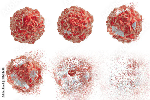 Destruction of a tumor cell. 3D illustration. Series of images showing different stages of destruction of a tumor cell. Can be used to illustrate effect of drugs, medicines, microbes, nanoparticles