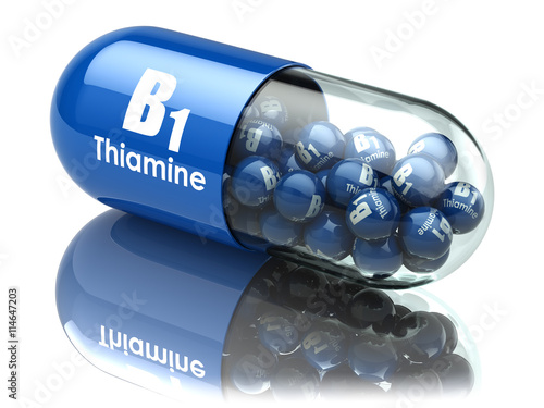 Vitamin B1 capsule. Pill with thiamine. Dietary supplements.