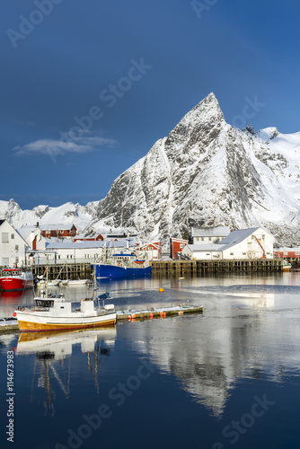 Small fishing harbor on Hamnoy Island during winter time, Lofote