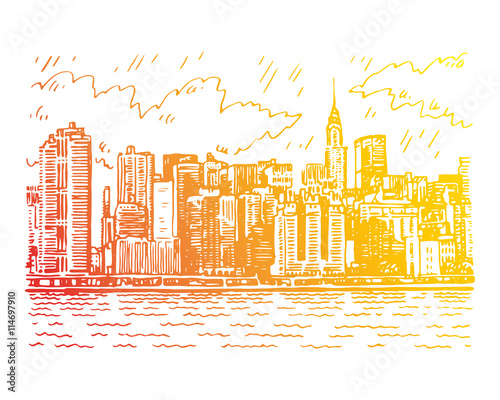 Panoramic view of Manhattan, New York, USA. Sketch by hand. Vector illustration. Engraving style
